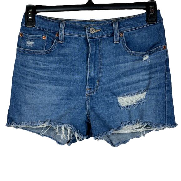 Levi’s SZ 30 High-Rise Jean Shorts Distressed Stretch Zip-Fly Frayed Hem Pockets - Picture 1 of 9